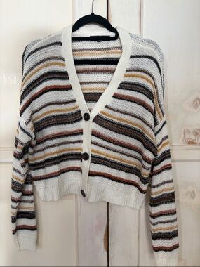 Almost Famous Cream Striped V-Neck Button Cardigan with Rust and Mustard Accents